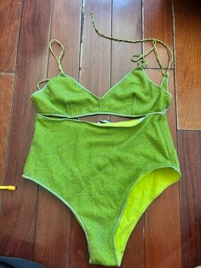 Oseree Lumière Lurex High-Waisted Bikini Set in Green